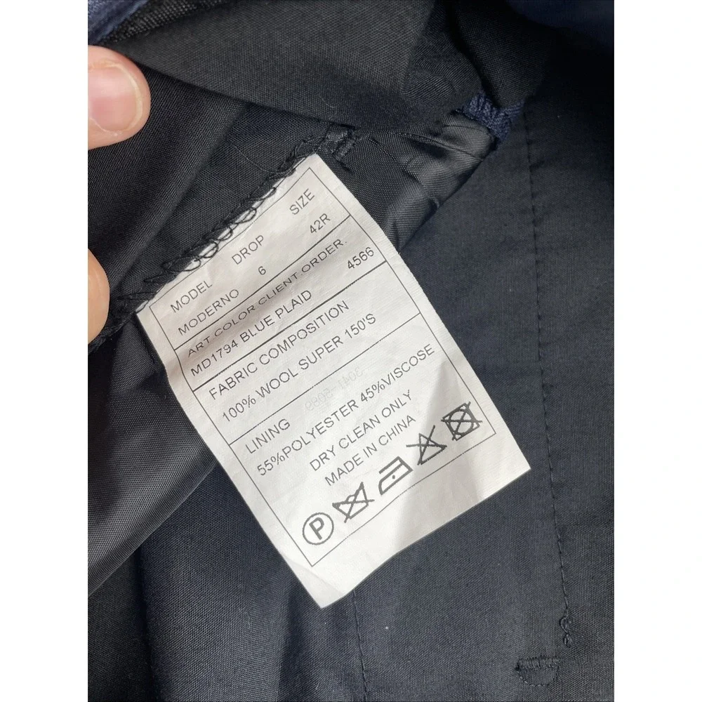 Max Davoli Baroni Suit 48S 100% Wool Super 150s Blue Plaid Pants 42 x 29
